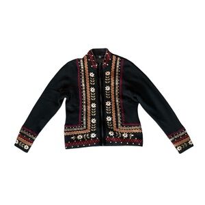 Icelandic Design Embroidered Black Wool Zip-Up Sweater Light Jacket Women’s M